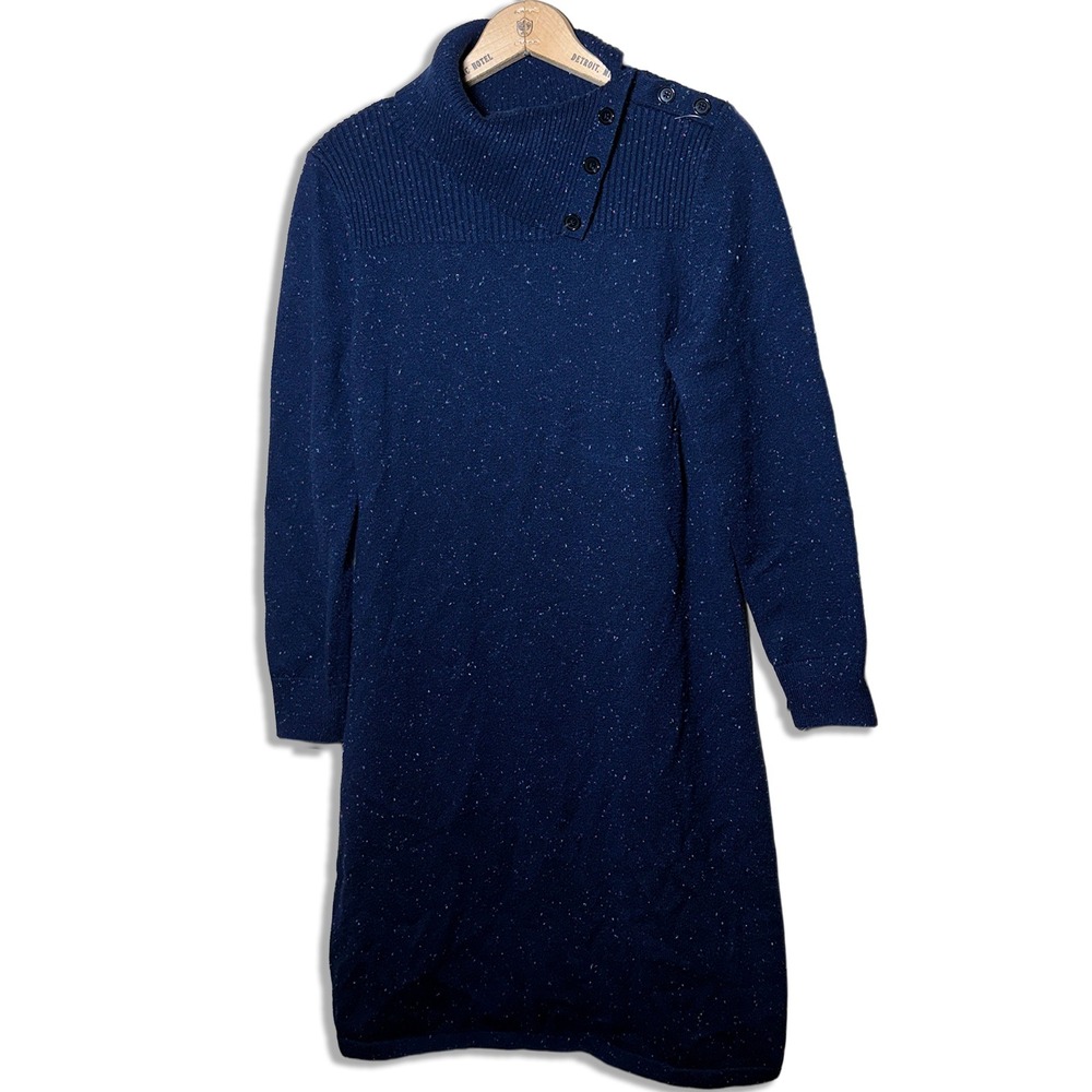 Talbots Sweater Dress Tweed Split Cowl Neck Button Collar L Preppy Knit Office